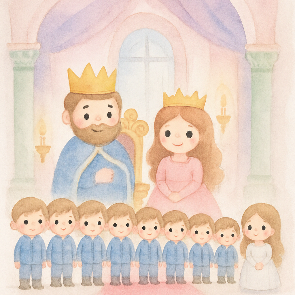 임금님, 왕비님과 열한 명의 왕자, 한 명의 공주가 함께 있는 행복한 왕실 가족